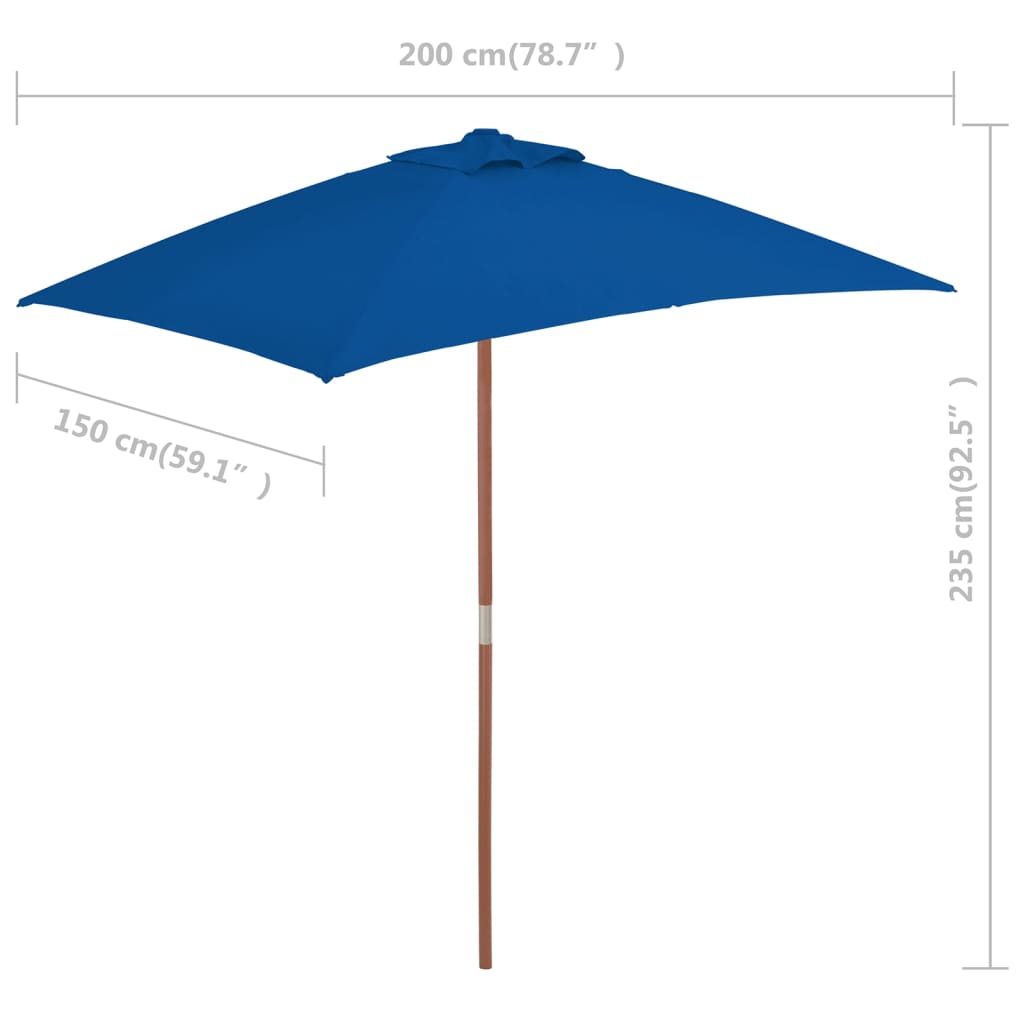 Umbrelă de soare de exterior, stâlp lemn, albastru, 150x200 cm