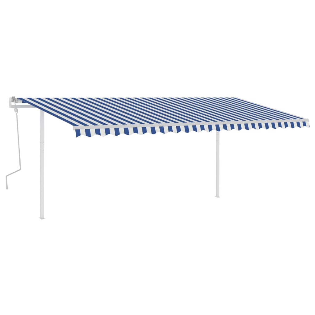 Copertină retractabilă manual cu stâlpi, albastru/alb 5x3,5 m