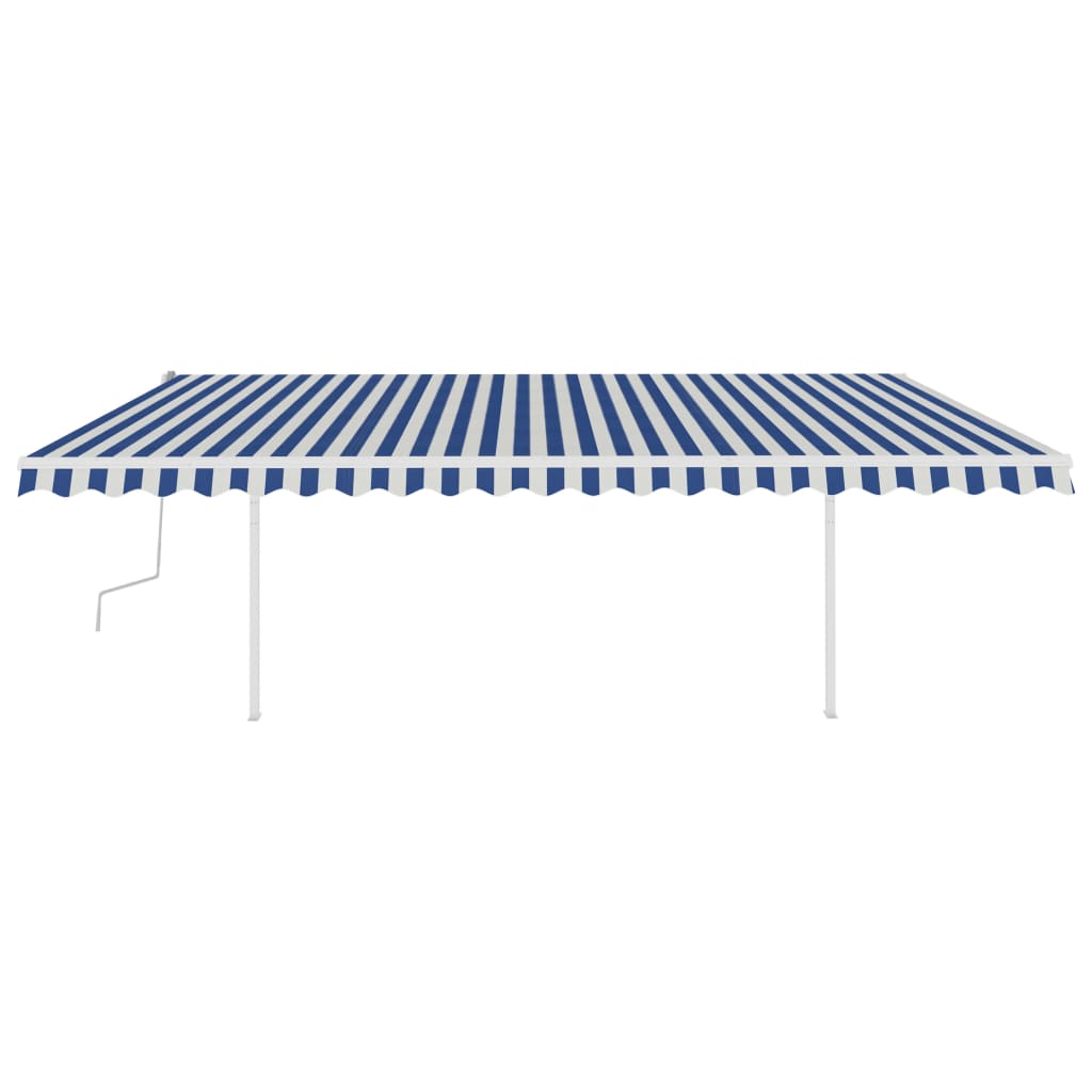 Copertină retractabilă manual cu stâlpi, albastru/alb 5x3,5 m