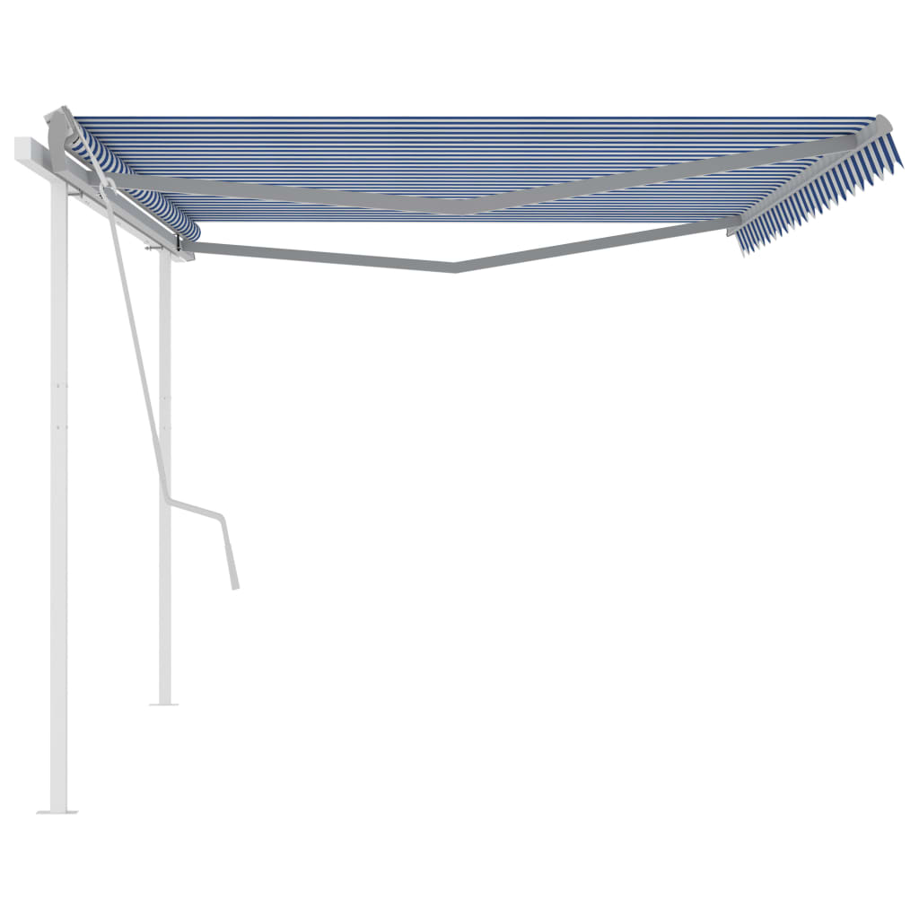 Copertină retractabilă manual cu stâlpi, albastru/alb 5x3,5 m