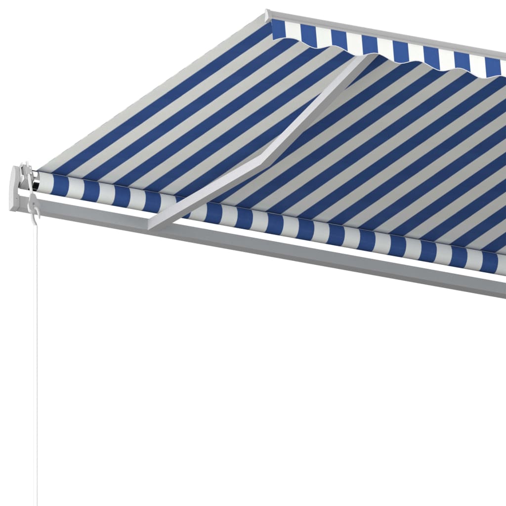 Copertină retractabilă manual cu stâlpi, albastru/alb 5x3,5 m