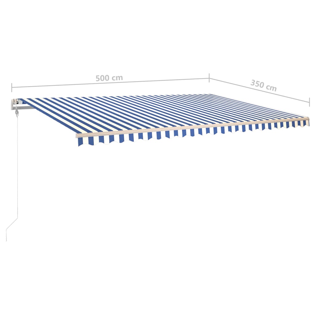 Copertină retractabilă manual cu stâlpi, albastru/alb 5x3,5 m