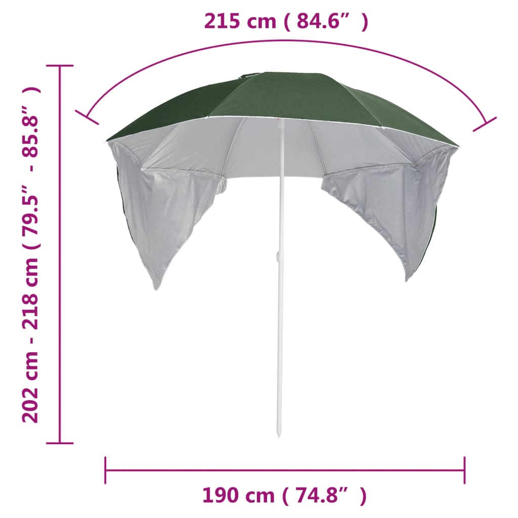 Umbrelă de plajă cu pereți laterali verde 215 cm