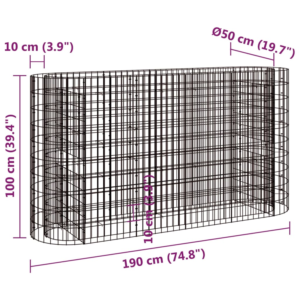 Strat înălțat gabion, 190x50x100 cm, fier galvanizat