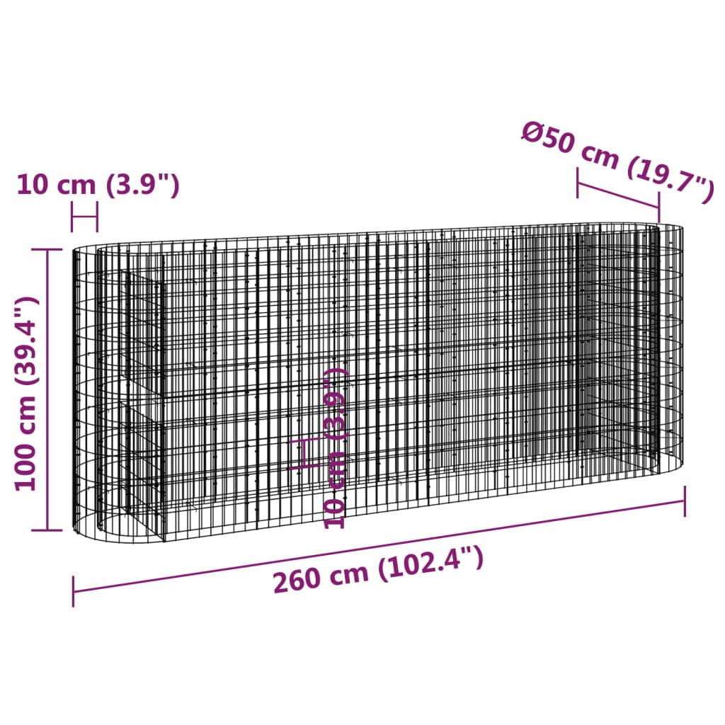 Strat înălțat gabion, 260x50x100 cm, fier galvanizat