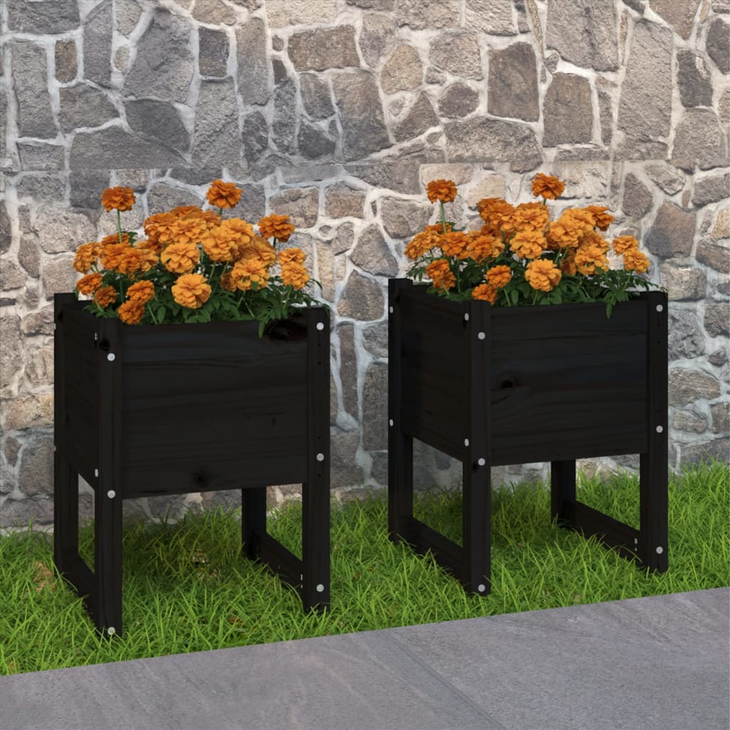 Jardiniere, 2 buc, Negru, 40x40x52,5 cm, lemn masiv de pin