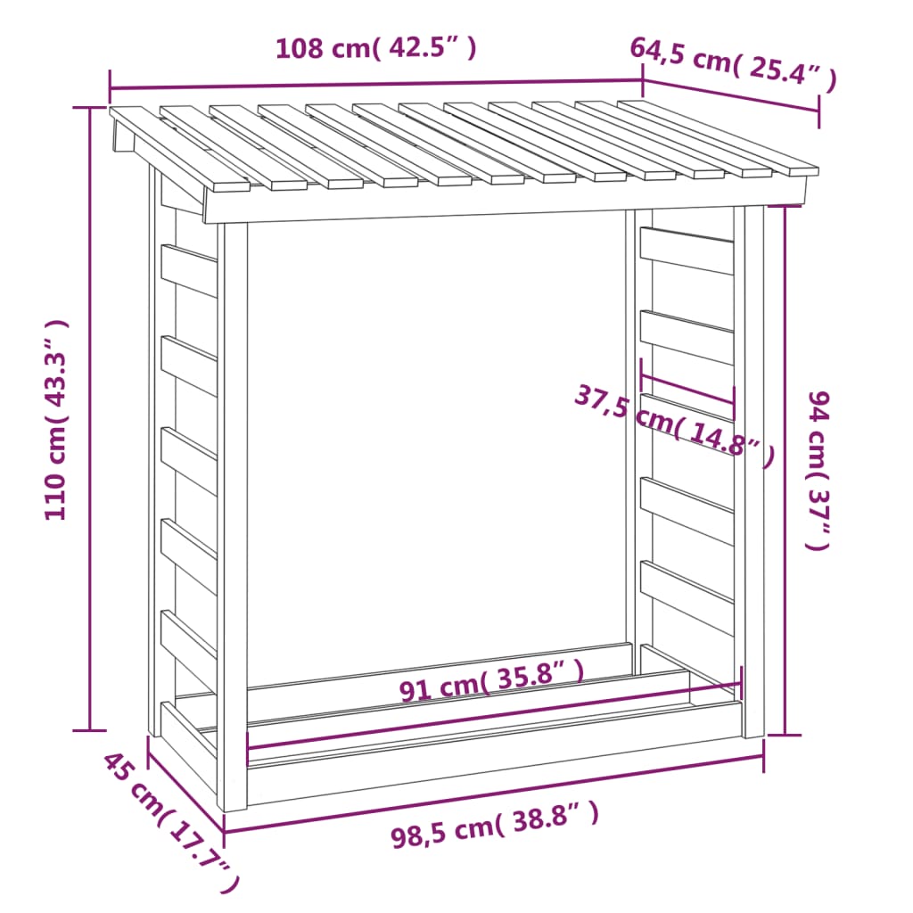 Rastel pentru lemne de foc, alb, 108x64,5x110cm, lemn masiv pin