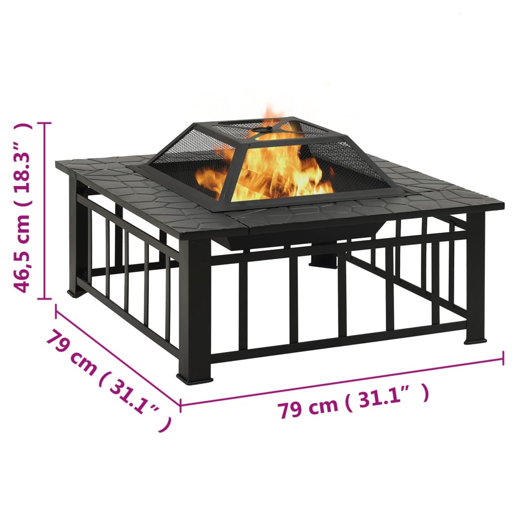 Vatră de foc cu vătrai, 79x79x46,5 cm, oțel, XXL