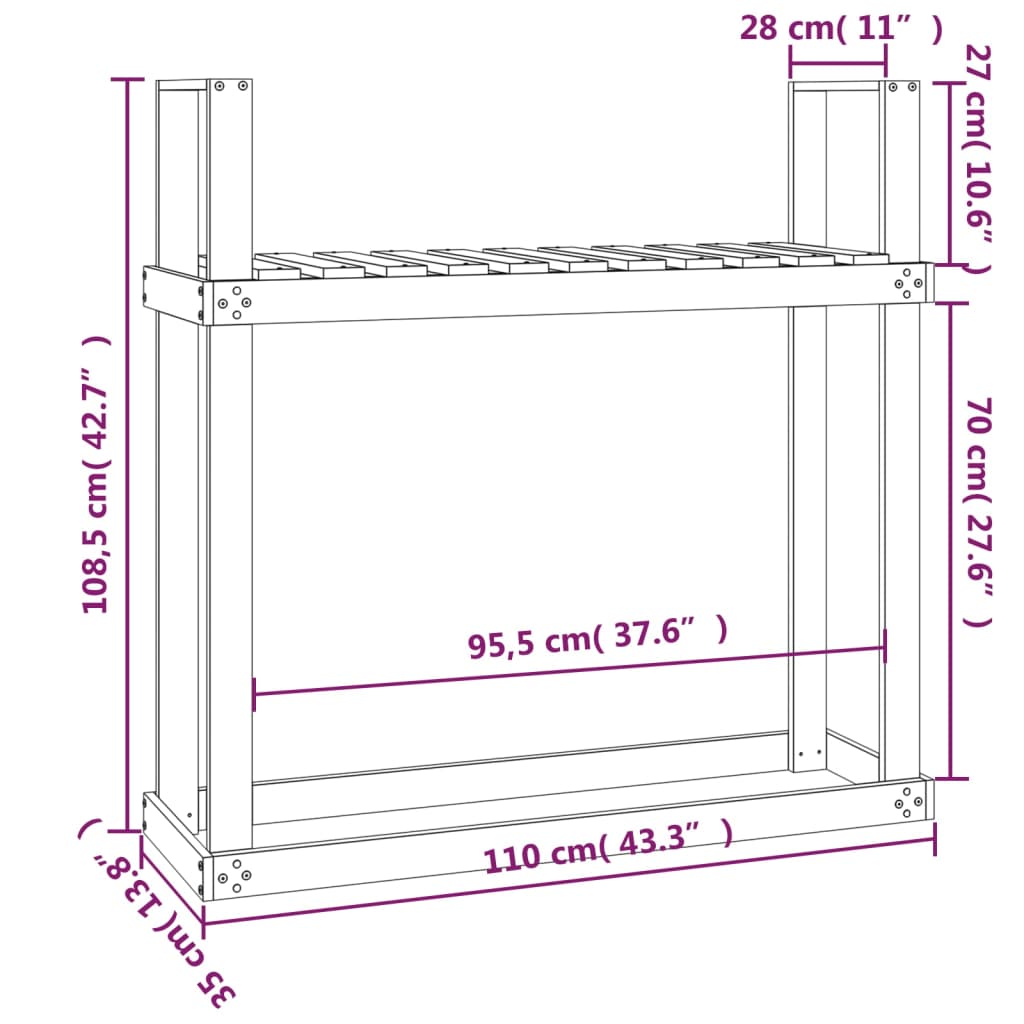 Rastel pentru lemne de foc, alb, 110x35x108,5 cm lemn masiv pin